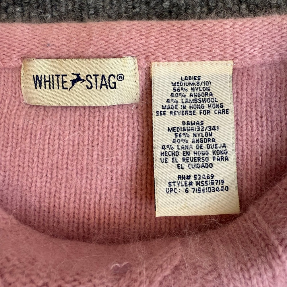 Vintage 90's White Stag Pink Angora & Lambswool Blend Sequin Cable Knit Sweater - Picture 6 of 8